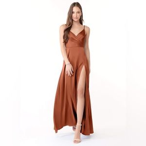 AZAZIE DALILAH
A-Line Pleated Stretch Satin Floor-Length Dress Cedar Rose
